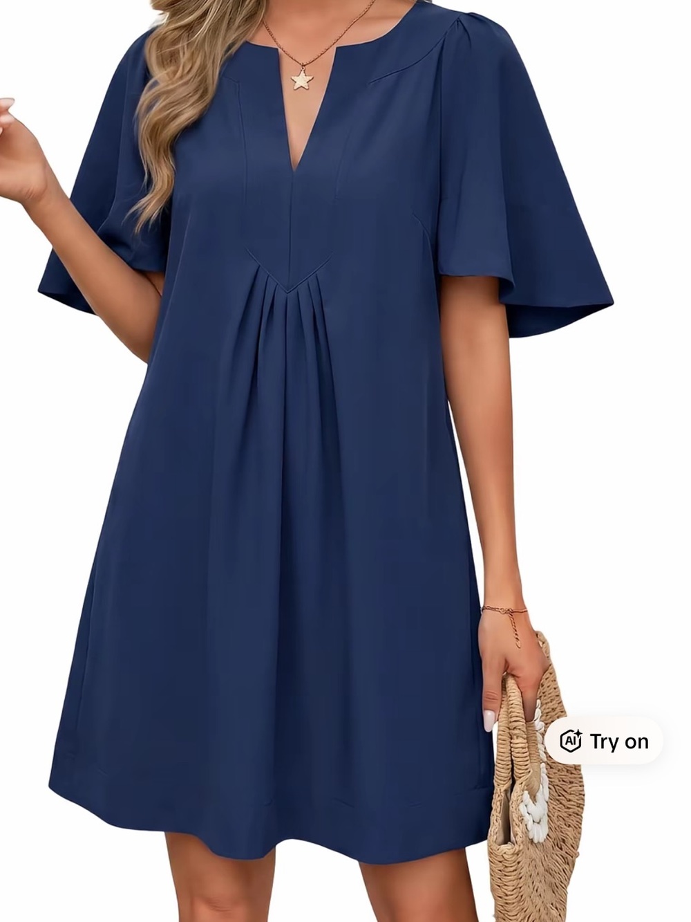 Women's Navy V-Neck Pleated Shift Dress